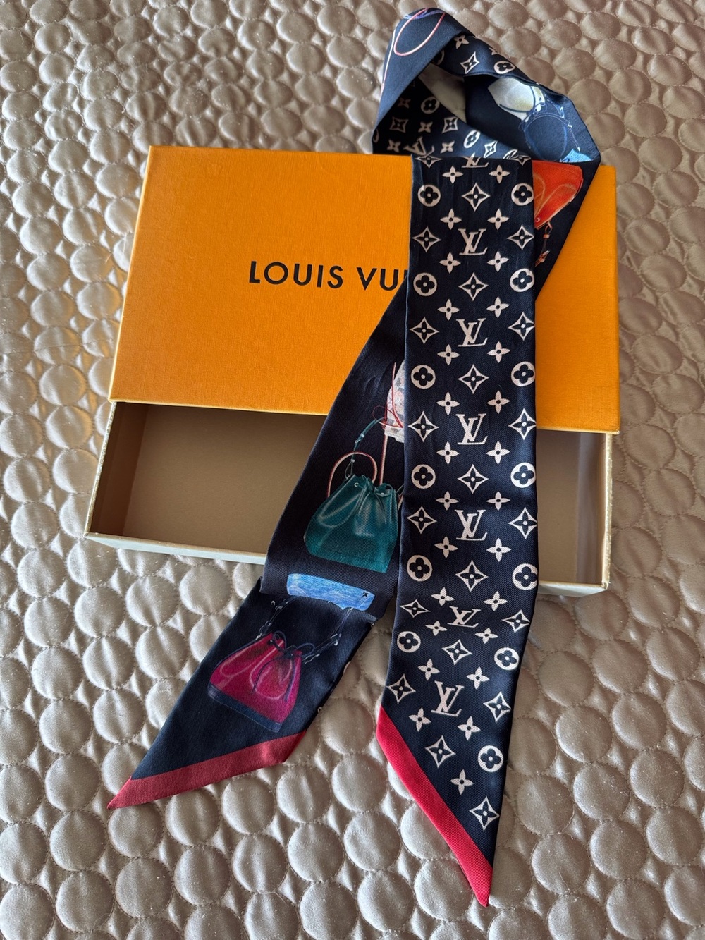 Louis Vuitton Navy Monogram Silk Twilly with Multicolor Bag Motifs